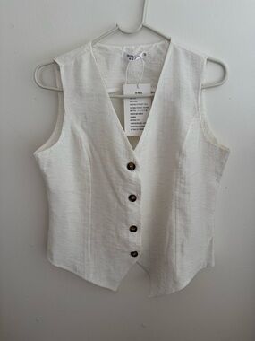 Mifeiy White Linen-Blend V-Neck Button Vest